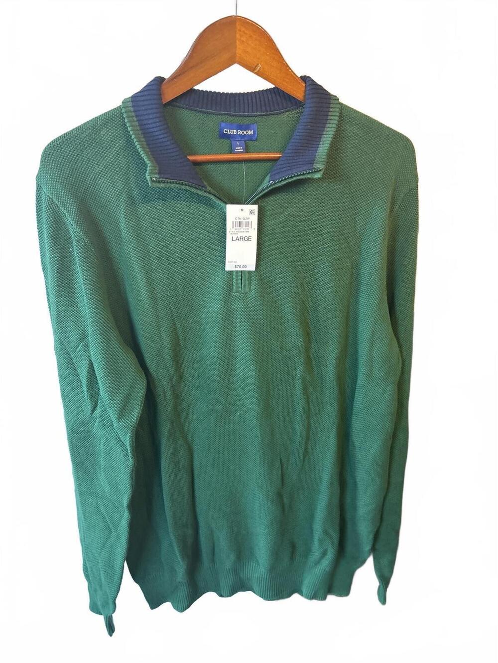New Club Room Men's Large Green Cotton Quarter-Zip Sweater with Navy Collar